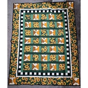Vtg Sunflower Quilt Handmade‎ Blanket Farmhouse Throw Floral Patchwork 59" x 74"
